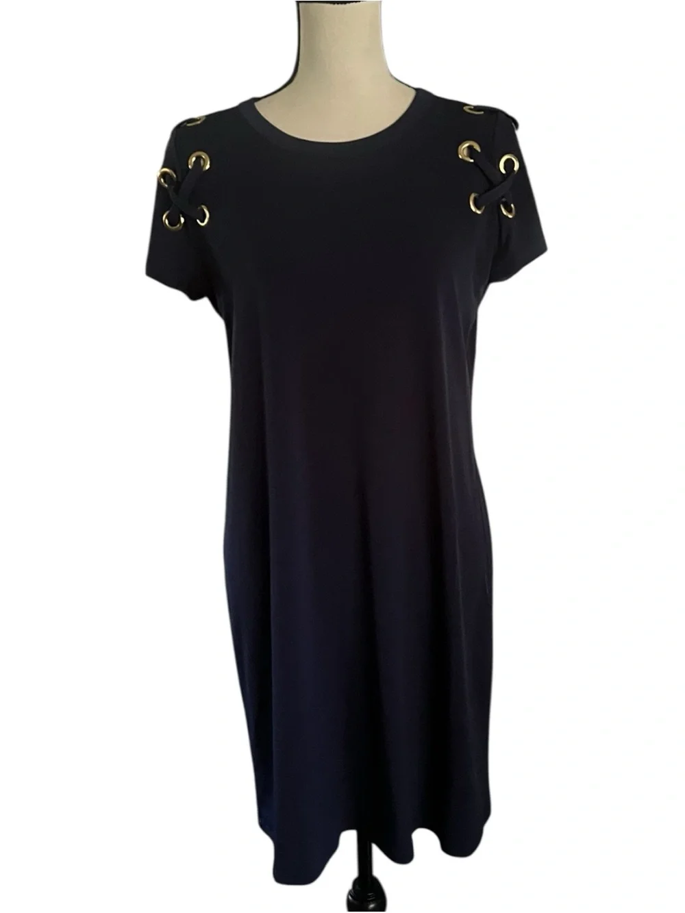 Michael  Kors Preppy Navy Grommet lace up shoulders shift dress. SZ.M